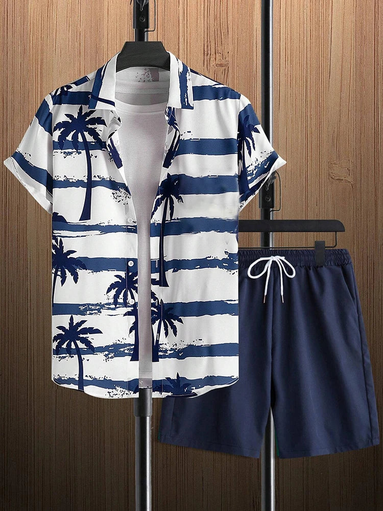 Set Hawaiian Coconut Tree Print Men's Shirt Summer Short Sleeve Tops Beach Shorts 2 Piece Sets Casual Vacation Style Outfit Clothing - Ellianto fashion Men's