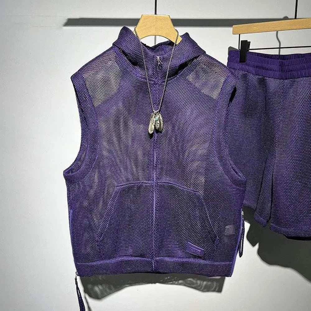 Mens Casual Two-Piece Clothing 2025 Summer Men'S Solid Color Full-Print Mesh Fashion Trend Loose Shorts Hooded Vest Mens Suit - Ellianto fashion Men's