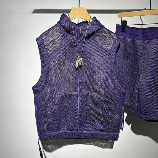 Mens Casual Two-Piece Clothing 2025 Summer Men'S Solid Color Full-Print Mesh Fashion Trend Loose Shorts Hooded Vest Mens Suit - Ellianto fashion Men's