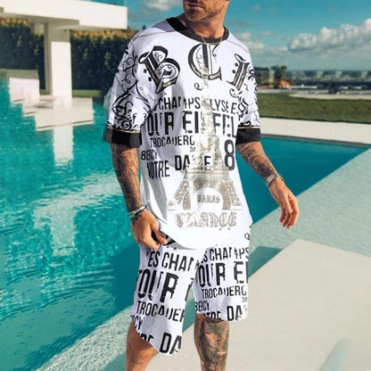 Set 2025 Men's Sports Set Graphic Print Workout Streetwear Matching Tracksuit Casual O-neck Short Sleeve Tees And Shorts Outfits - Ellianto fashion Men's