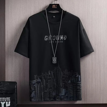 Men's Ice Silk Short Sleeve T-Shirt Suit Summer New Digital Printing Fashionable Korean Style Slims Smooths Your Silhouette Spor - Ellianto fashion Men's