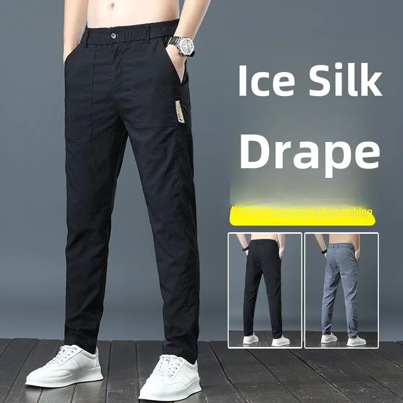 Men's Summer Thin Casual Pants Breathable Ice Silk Elastic Straight-leg Loose-fit Quick Dry Pants Trendy Versatile Long - Ellianto fashion Men's