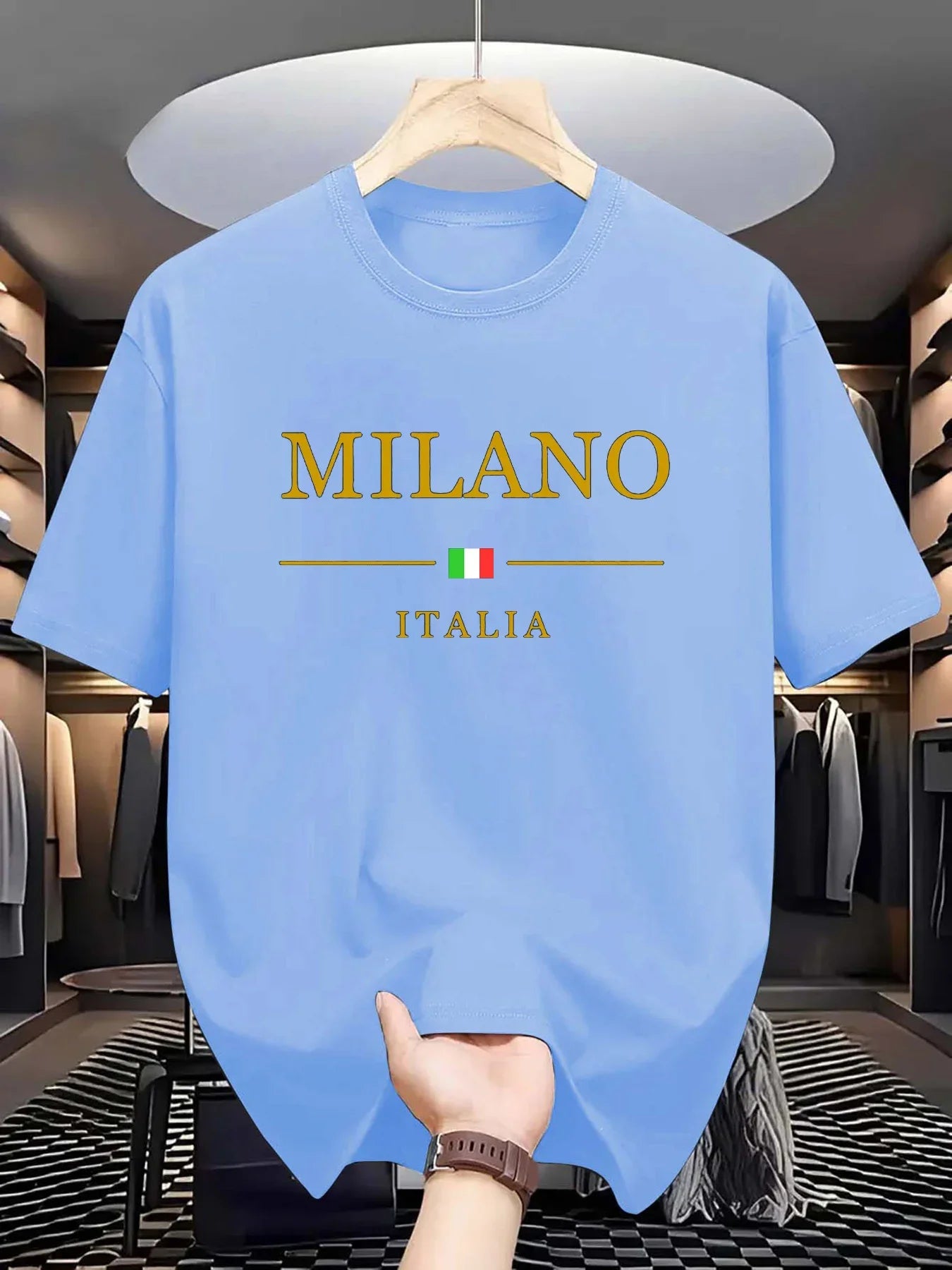 Men's summer 100 cotton fashionable casual loose plus size MILANO ITALIA pattern printed sports round neck short sleeved T-shirt - Ellianto fashion Men's