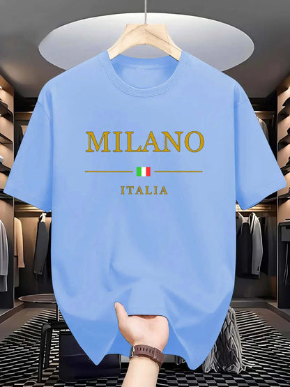 Men's summer 100 cotton fashionable casual loose plus size MILANO ITALIA pattern printed sports round neck short sleeved T-shirt - Ellianto fashion Men's