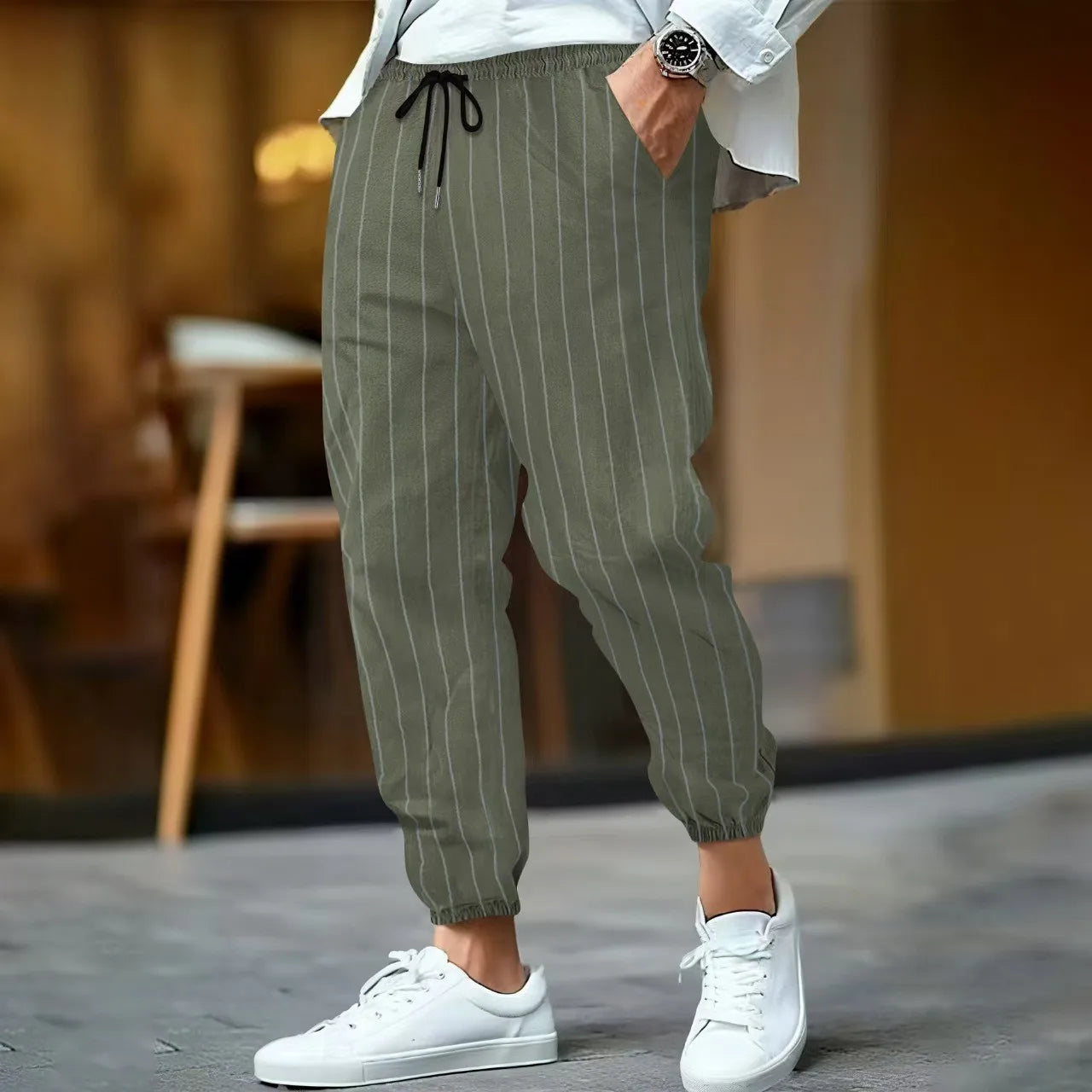 Men's Striped Casual Cotton Linen Blend Trousers Loose Fit Breathable Fashionable Sport Pants Street Versatile Trousers - Ellianto fashion Men's