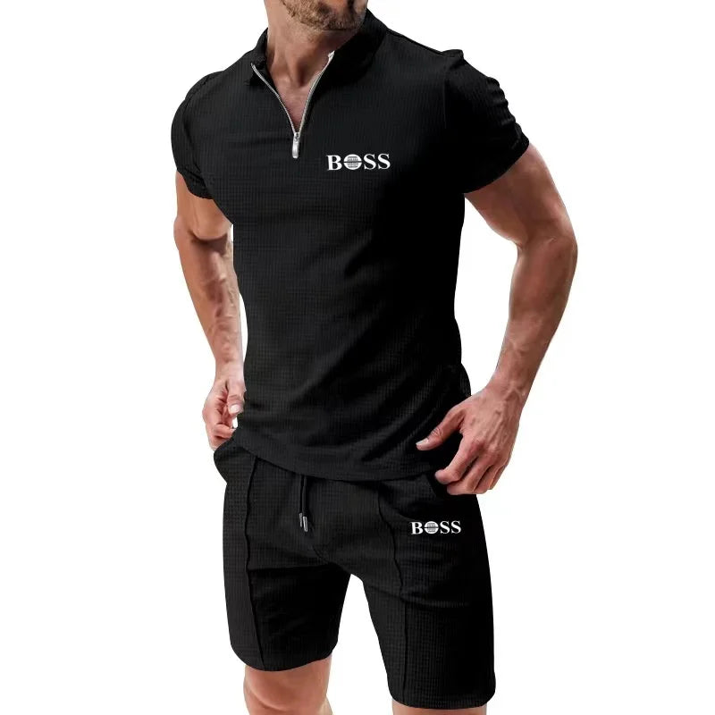 Europe and the United States men short sleeve shorts casual suit summer Waffle solid color casual loose lapel T-shirt suit men - Ellianto fashion Men's
