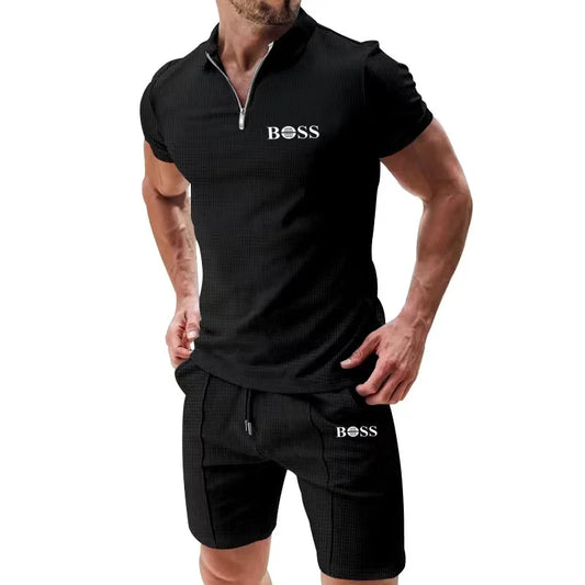 Europe and the United States men short sleeve shorts casual suit summer Waffle solid color casual loose lapel T-shirt suit men - Ellianto fashion Men's