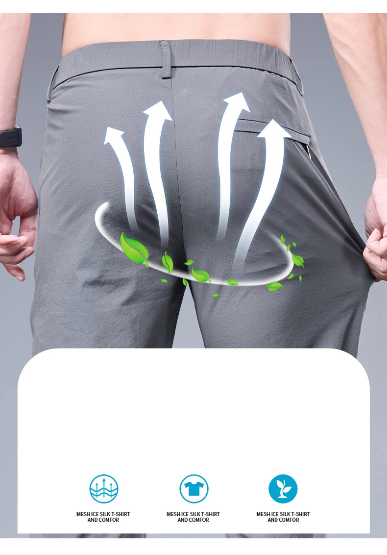 Summer New Business Ice Silk Pants Straight Elastic Waist Black Gray Trousers Breathable Simple Male Clothing Casual Suit Pants - Ellianto fashion Men's