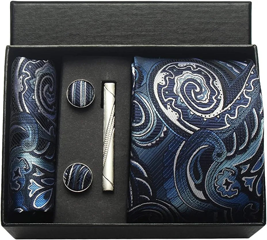 100% Silk Necktie Paisley Floral Mens Tie Top Quality Business Tie Pocket Square Tie Clip Cufflinks Set Classic For Men Gift Box - Ellianto fashion Men's