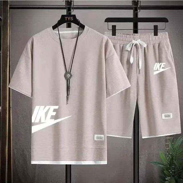 2025 Men's breathable short-sleeved T-shirt + jogging shorts two-piece summer fashion quick-dry fitness leisure sports suit - Ellianto fashion Men's
