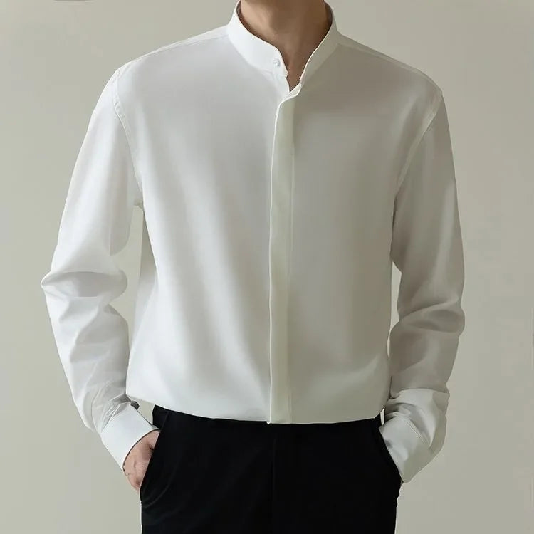 Style Men's Shirt Autumn Lightweight Fashion Korean Version Slims Smooths Silhouette Non-iron Business Ice Silk Sleeve Trendy - Ellianto fashion Men's