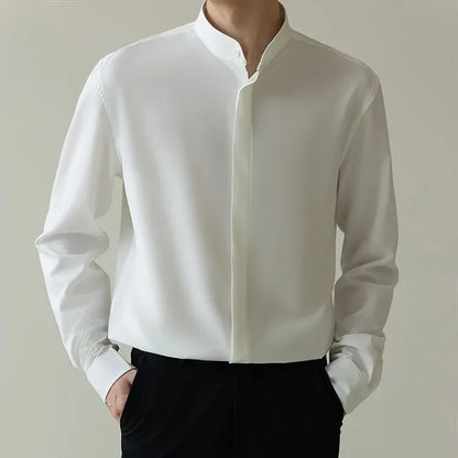 Style Men's Shirt Autumn Lightweight Fashion Korean Version Slims Smooths Silhouette Non-iron Business Ice Silk Sleeve Trendy - Ellianto fashion Men's