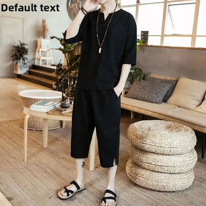 New Summer Linen Set Men's Chinese Style T-shirt Short Sleeve Two-piece Loose Seven Pants Set Male Comfortable Breathable - Ellianto fashion Men's