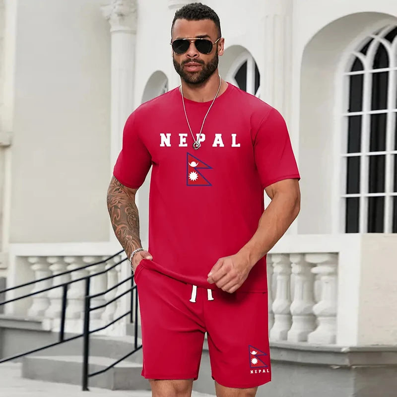 set / 2025 New Fashion Design Men's T-Shirt Men's Sports Drawstring Shorts Simple Printed Men's 2-Piece Summer Gym Breathable Suit - Ellianto fashion Men's