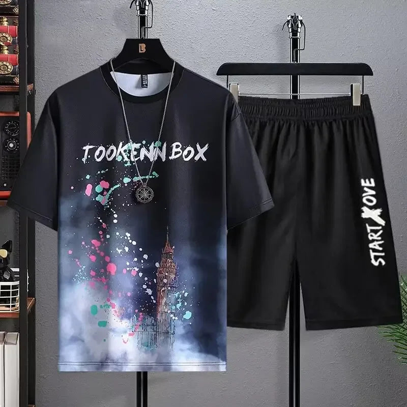 Ice Silk Men's Sportswear Set Quick Dry Casual Dyeing Short Sleeve T-Shirt Shorts Comfortable Lightweight Fashionable Outfit - Ellianto fashion Men's