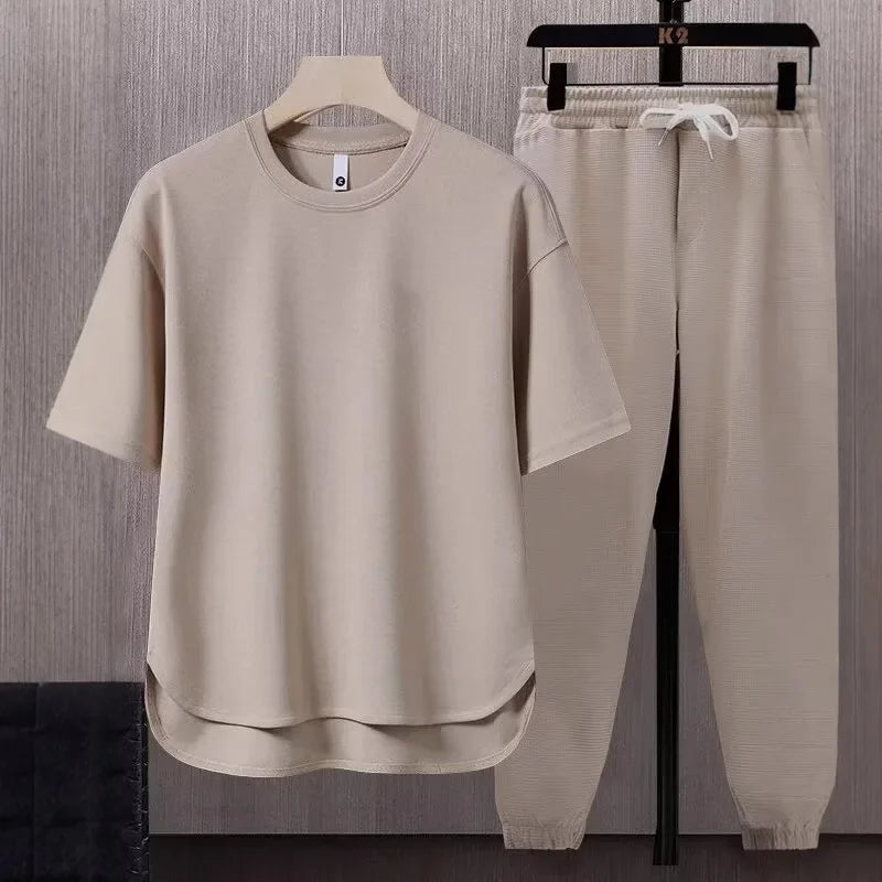 Pure Color Men's T-Shirt Set Short Sleeve Summer Trendy Two-Piece Suit Casual Comfortable Breathable Male Model Clothing - Ellianto fashion Men's