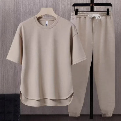 Pure Color Men's T-Shirt Set Short Sleeve Summer Trendy Two-Piece Suit Casual Comfortable Breathable Male Model Clothing - Ellianto fashion Men's