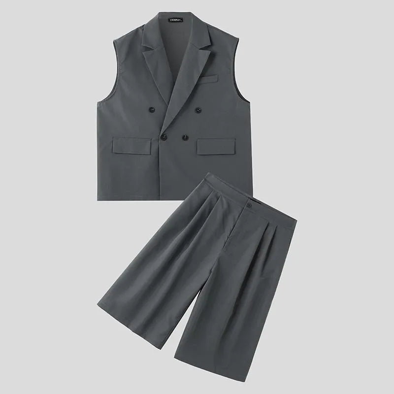 INCERUN 2025 American Style Sets New Men's Sleeveless Vests Shorts Casual Well Fitting Male Double Breasted Two-piece Sets S-5XL - Ellianto fashion Men's