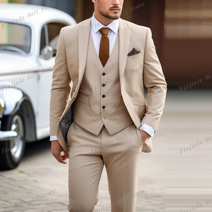 New Beige Business Suit Men Tuxedos Groom Groomsman Prom Wedding Party Formal 3 Piece Set Jacket Vest Pants - Ellianto fashion Men's