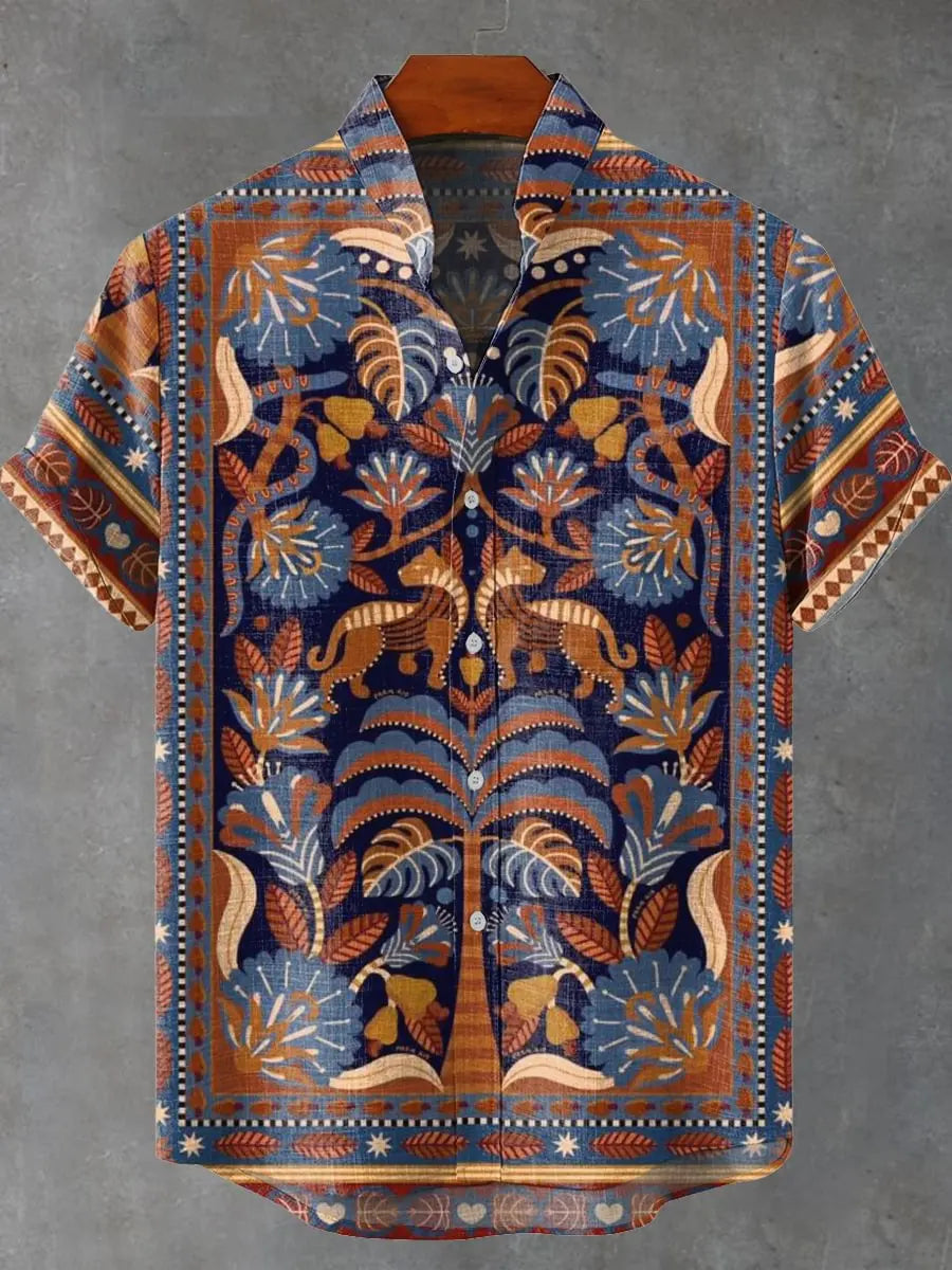 New Men's Linen Short Sleeve Shirt with Casual Animal Pattern, Fashionable Summer Top, New Collection - Ellianto fashion Men's