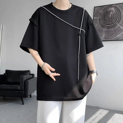 Fake Two-piece Short-sleeve T-shirt for Men New Summer Style American Retro High Street Trendy Brand Loose T-shirt - Ellianto fashion Men's