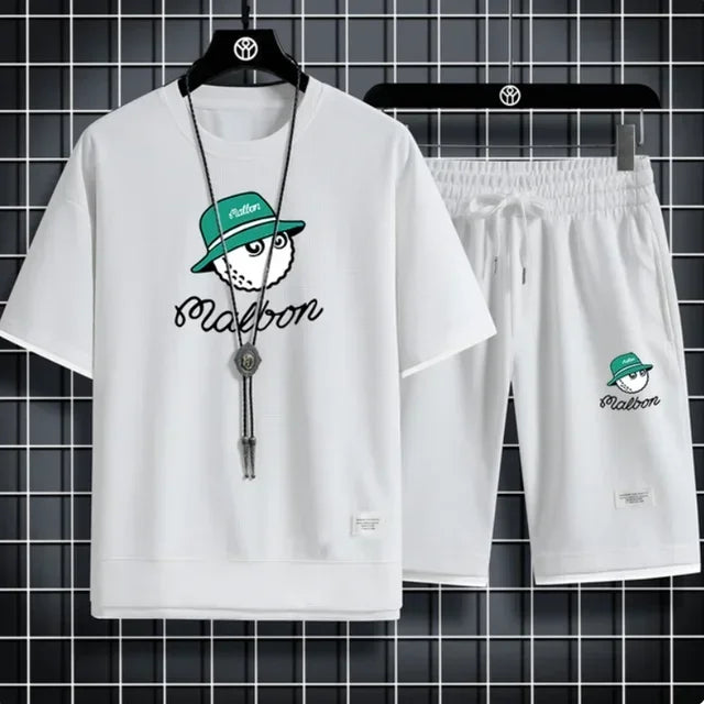 Set 2025 New men's summer Korean brand casual T-shirt + jogging Shorts 2-piece fitness slow running quick-drying breathable sportswe - Ellianto fashion Men's