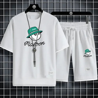 Set 2025 New men's summer Korean brand casual T-shirt + jogging Shorts 2-piece fitness slow running quick-drying breathable sportswe - Ellianto fashion Men's