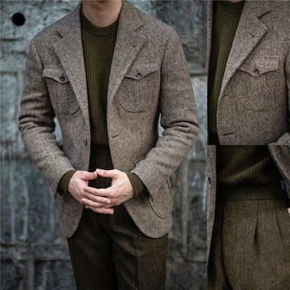 Vintage Business Men Suits Slim Fit Tweed Herringbone Tuxedo Groom Suits For Men Wedding Notch Lapel Jacket Male Blazer - Ellianto fashion Men's