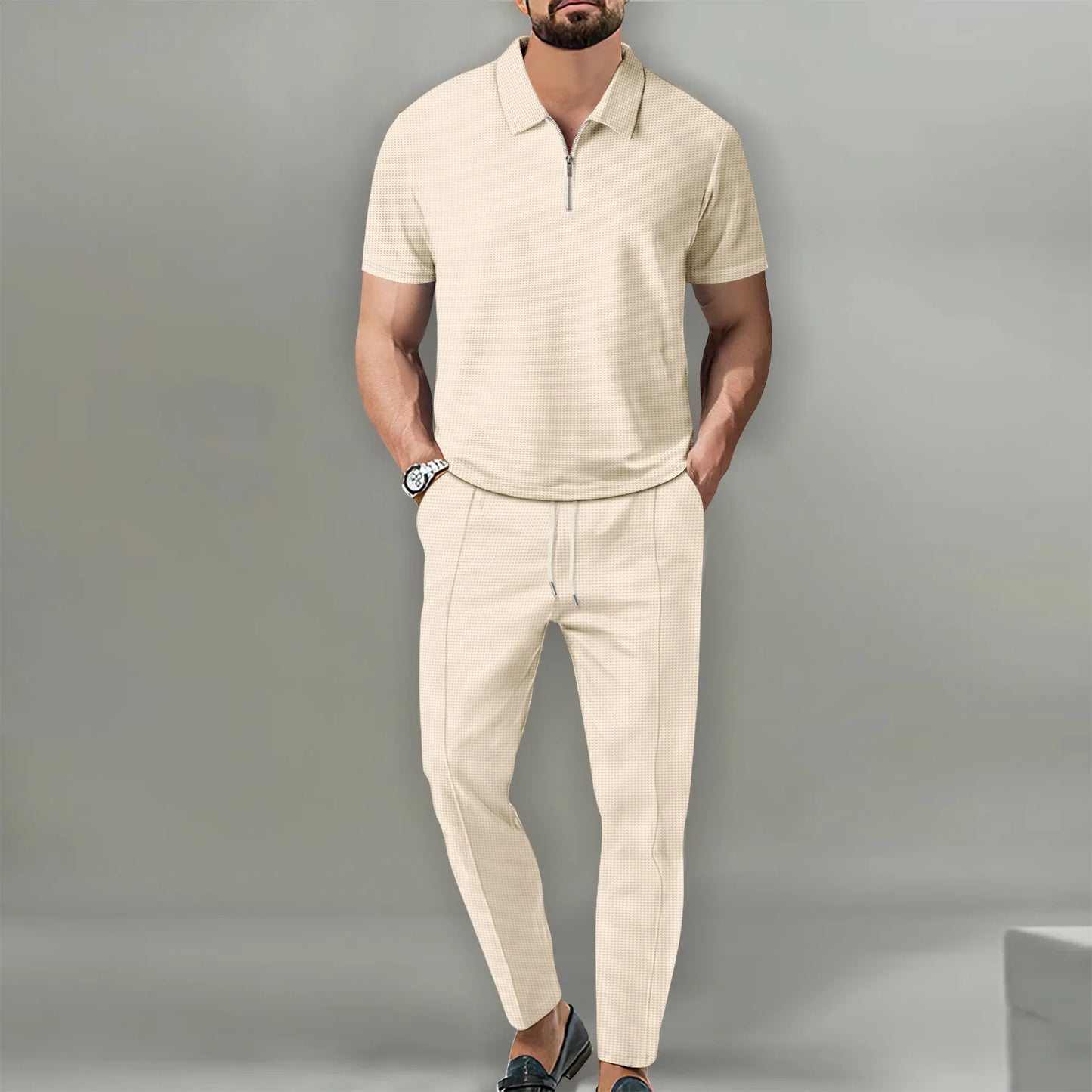 2025 New Men's POLO Shirt 2 Sets Casual Fashion Commercial Breathable Lapel, Pants pull rope Solid Color Men 2 sets - Ellianto fashion Men's