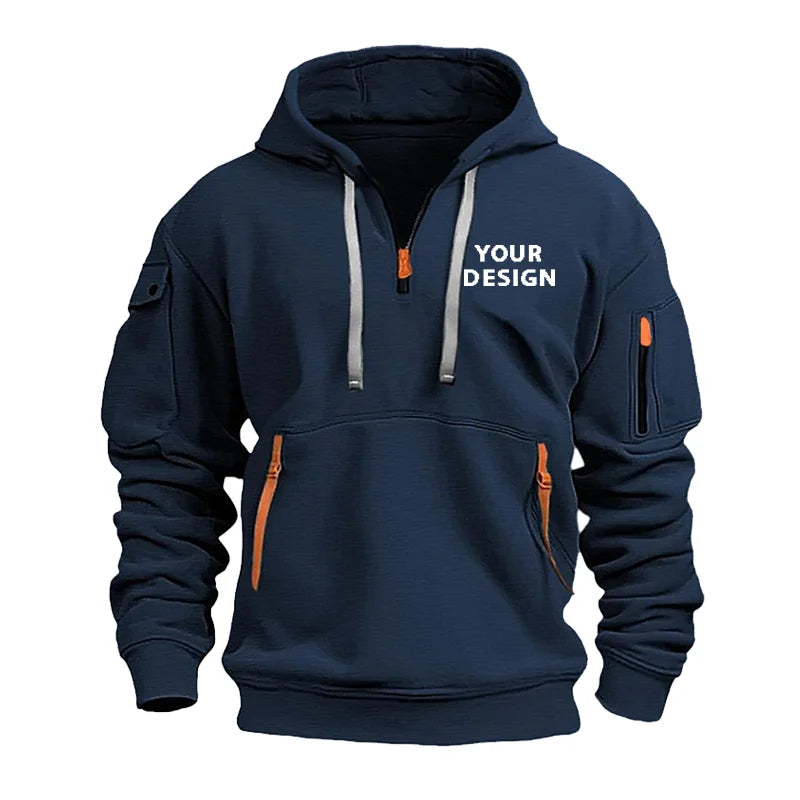 European New Men's Sports Zipper Arm Pocket Loose Casual Sweatshirt Customize Your Logo Dropped Shoulder Hooded Jacket Pullover - Ellianto fashion Men's
