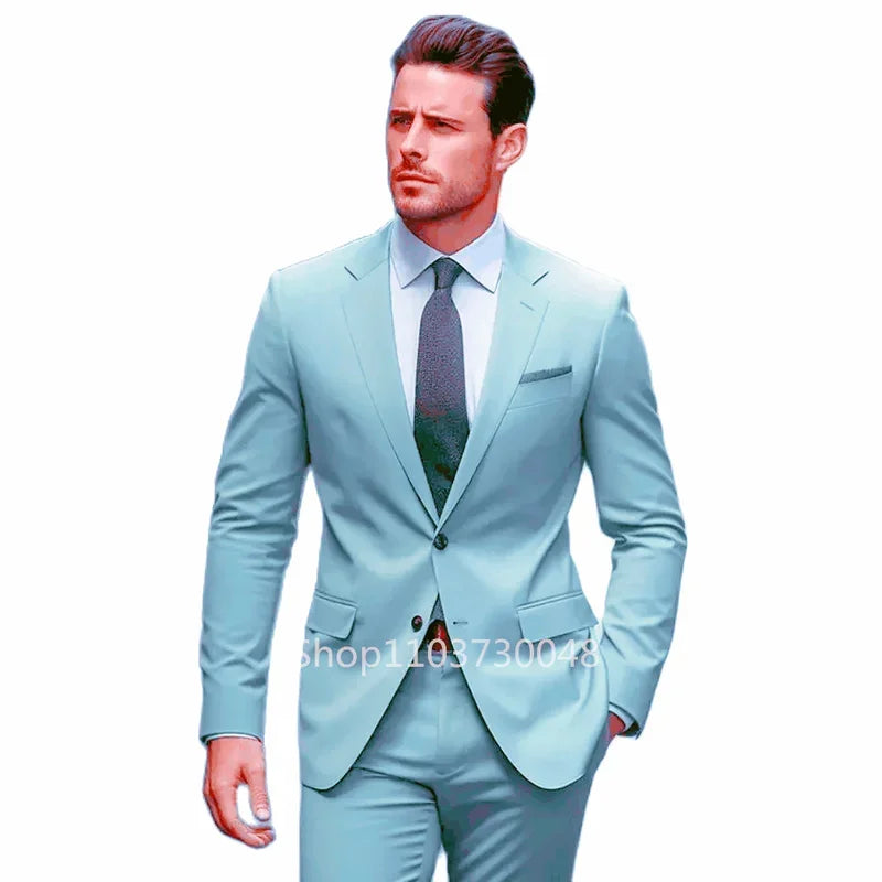 2 Piece Formal Wedding/Business Men Suits High Quality Green/Blue Fashion Notch Lapel Blazer Pants Slim Fit Groom Party Tuxedos - Ellianto fashion Men's