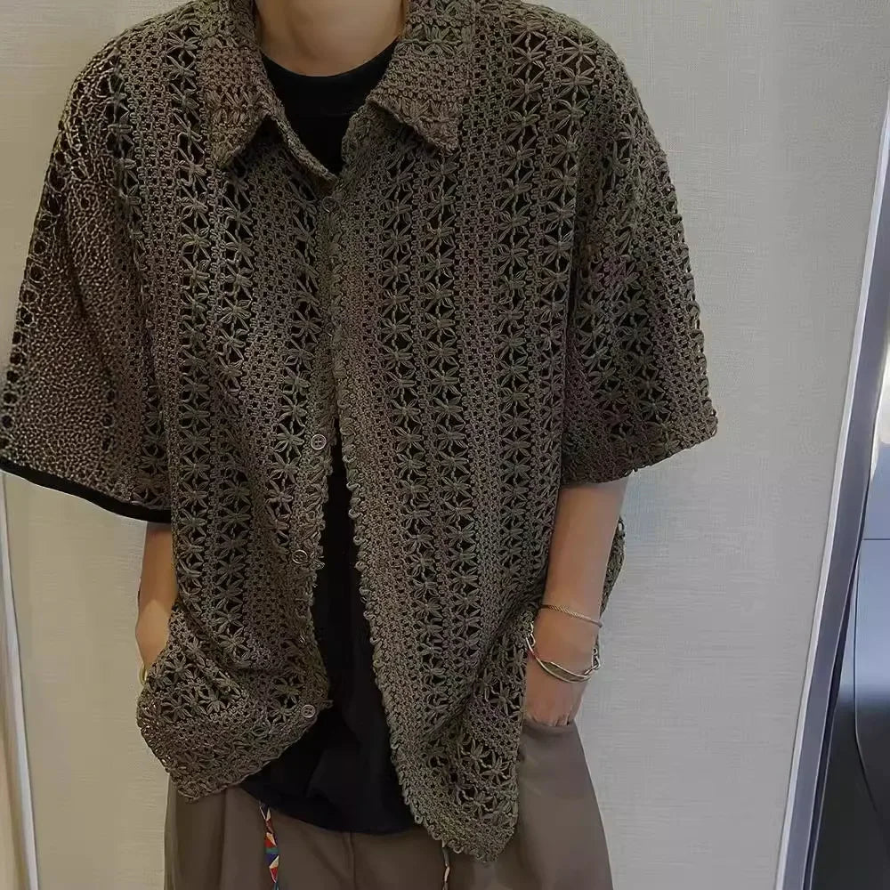 Summer Vintage American-Style Knit Shirt – Breathable, Loose-Fit Comfort and Effortless Military-Green Casual Elegance for the Modern Gentleman