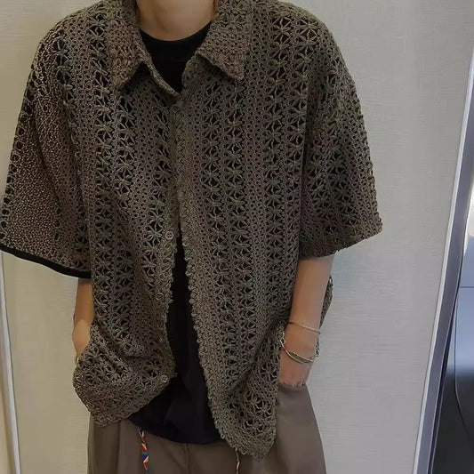 Summer Vintage American-Style Knit Shirt – Breathable, Loose-Fit Comfort and Effortless Military-Green Casual Elegance for the Modern Gentleman