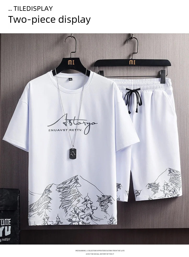 Men’s Ice Silk Gradient Set – Lightweight Short-Sleeve Tee & Casual Shorts for Summer Comfort and Sporty Style