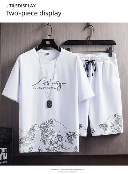 Men’s Ice Silk Gradient Set – Lightweight Short-Sleeve Tee & Casual Shorts for Summer Comfort and Sporty Style