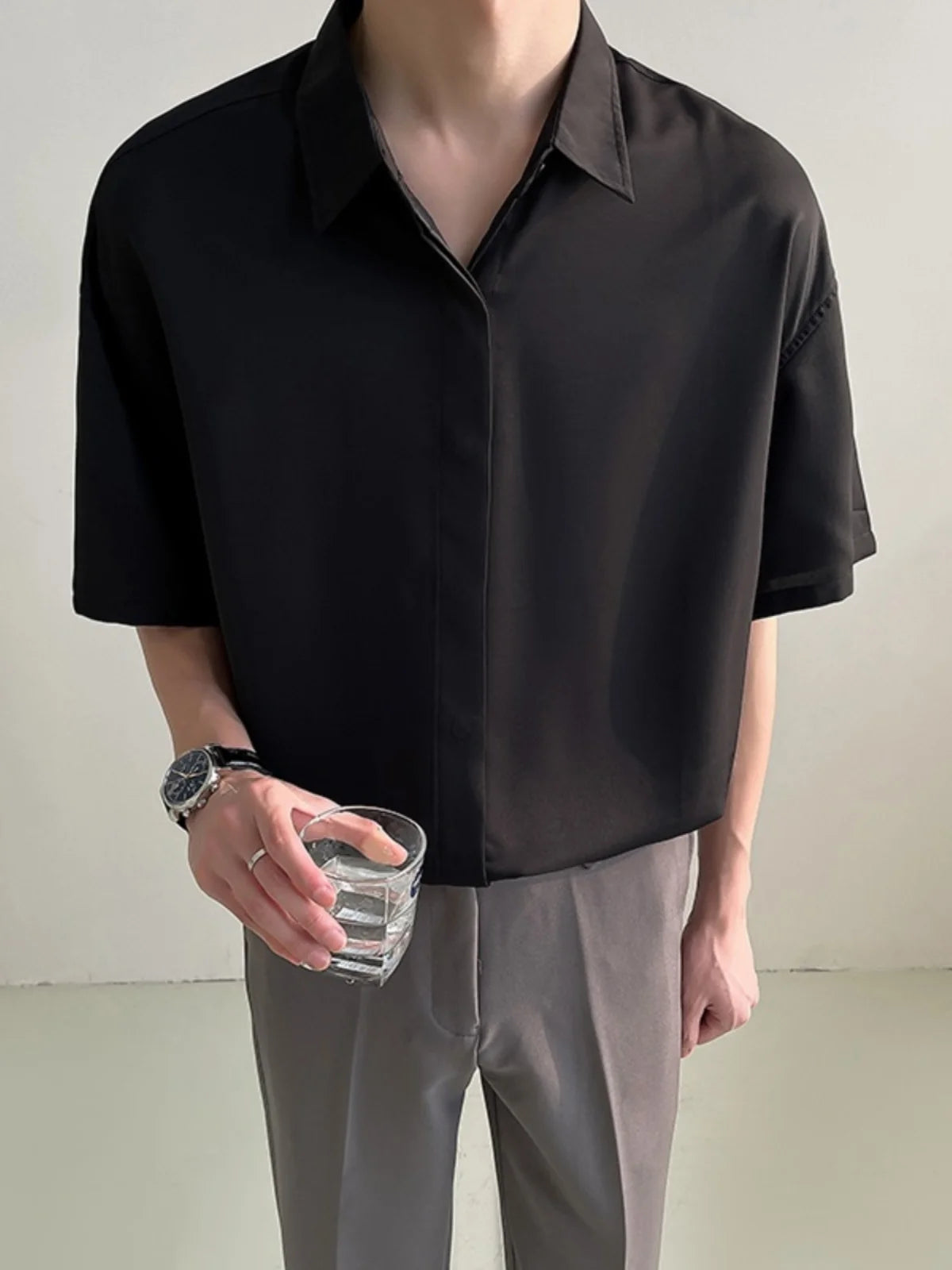 ort Sve Ice Silk irt Men's Casual Drapey Pure Color No Ironing Required Summer Faionable Youthful Stand Fit irt - Ellianto fashion Men's