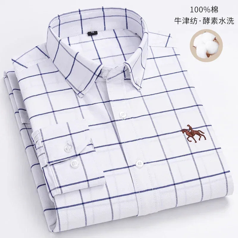 Casual Pure Cotton Oxford Mens Shirts Long Sleeve Embroidery Horse Design Regular Fit Fashion Button Man White Dress Shirt - Ellianto fashion Men's