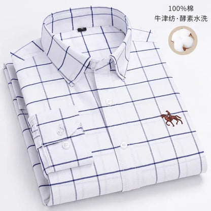 Casual Pure Cotton Oxford Mens Shirts Long Sleeve Embroidery Horse Design Regular Fit Fashion Button Man White Dress Shirt - Ellianto fashion Men's