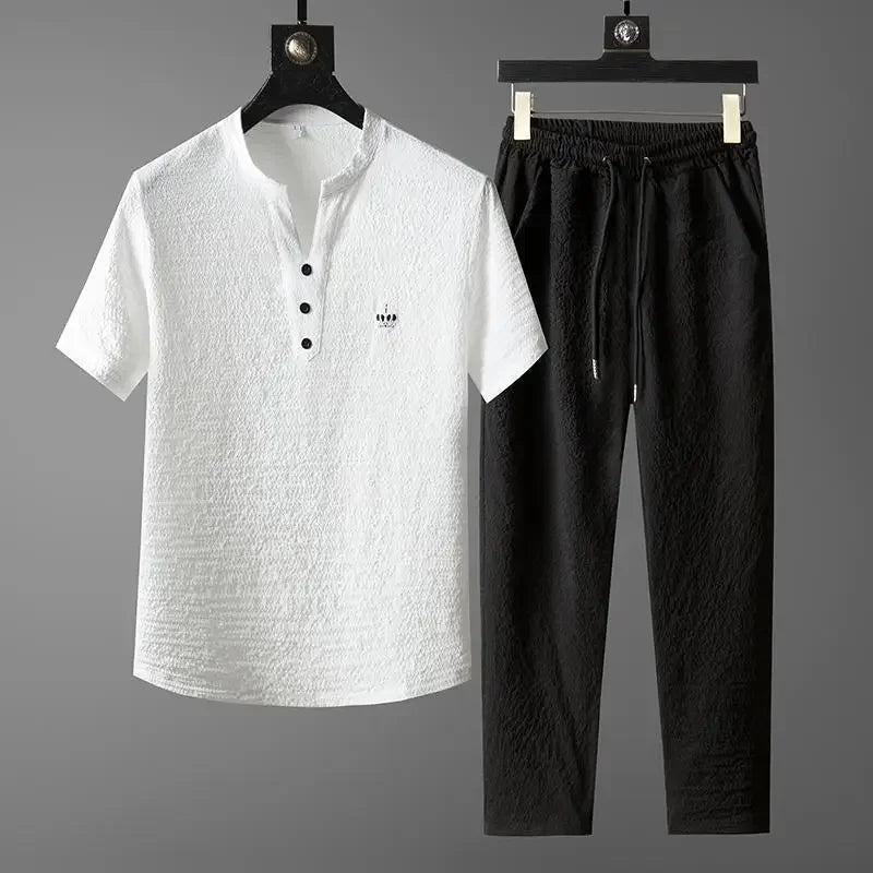 New 2025 Men's Slim Fit Short Sleeve Sportswear Set Casual Embroidered V-Neck Chinese Style Lightweight Two-Piece Suit - Ellianto fashion Men's