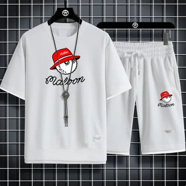Set 2025 New men's summer Korean brand casual T-shirt + jogging Shorts 2-piece fitness slow running quick-drying breathable sportswe - Ellianto fashion Men's