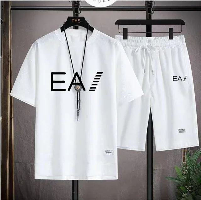 Set A new summer European men's breathable waffle round-neck short-sleeved and jogging sports shorts digital printing two-piece set - Ellianto fashion Men's