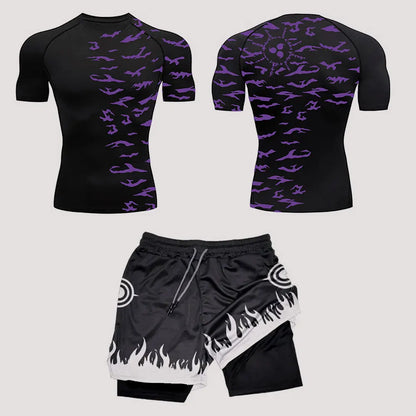 Men’s Anime Print Tracksuit – 2-Piece Breathable Sports Set with T-Shirt, Shorts & Joggers