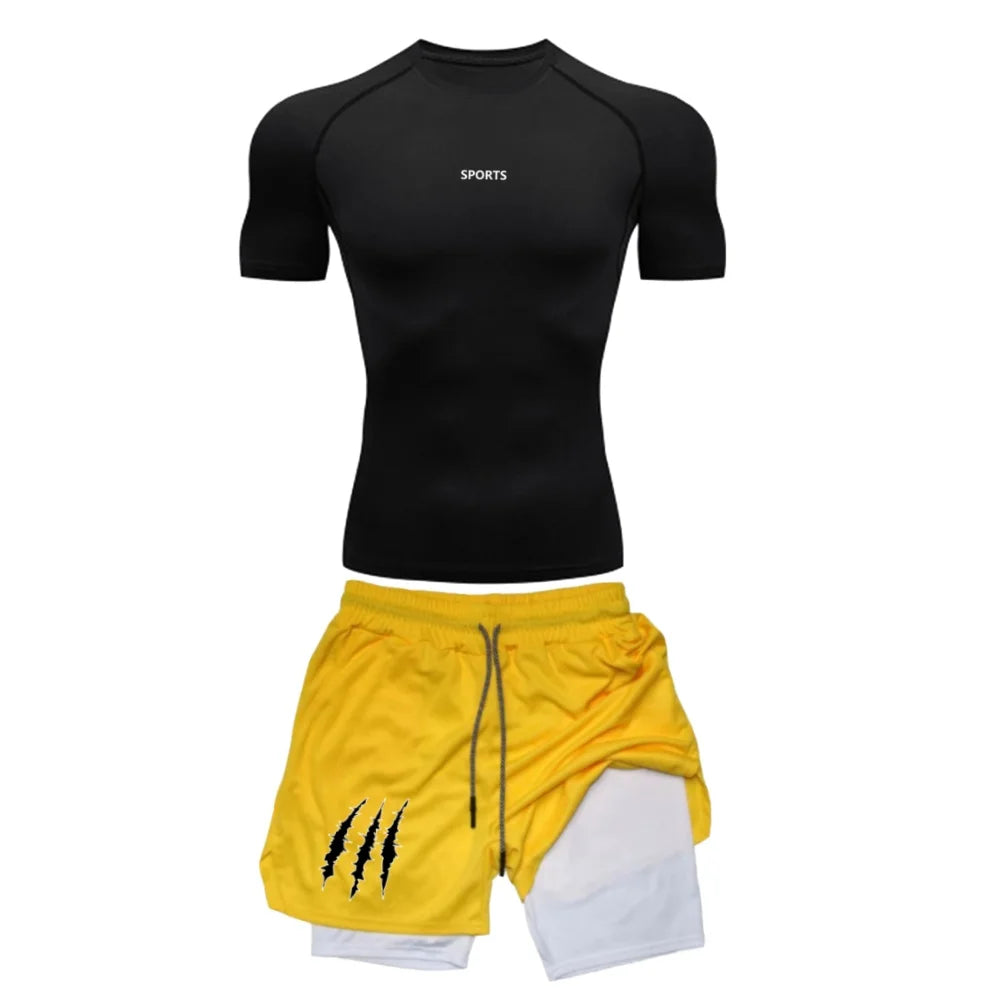 Men’s Sports Compression Set – Quick-Dry Rash Guard Top & 2-in-1 Stretch Shorts for Gym & Training