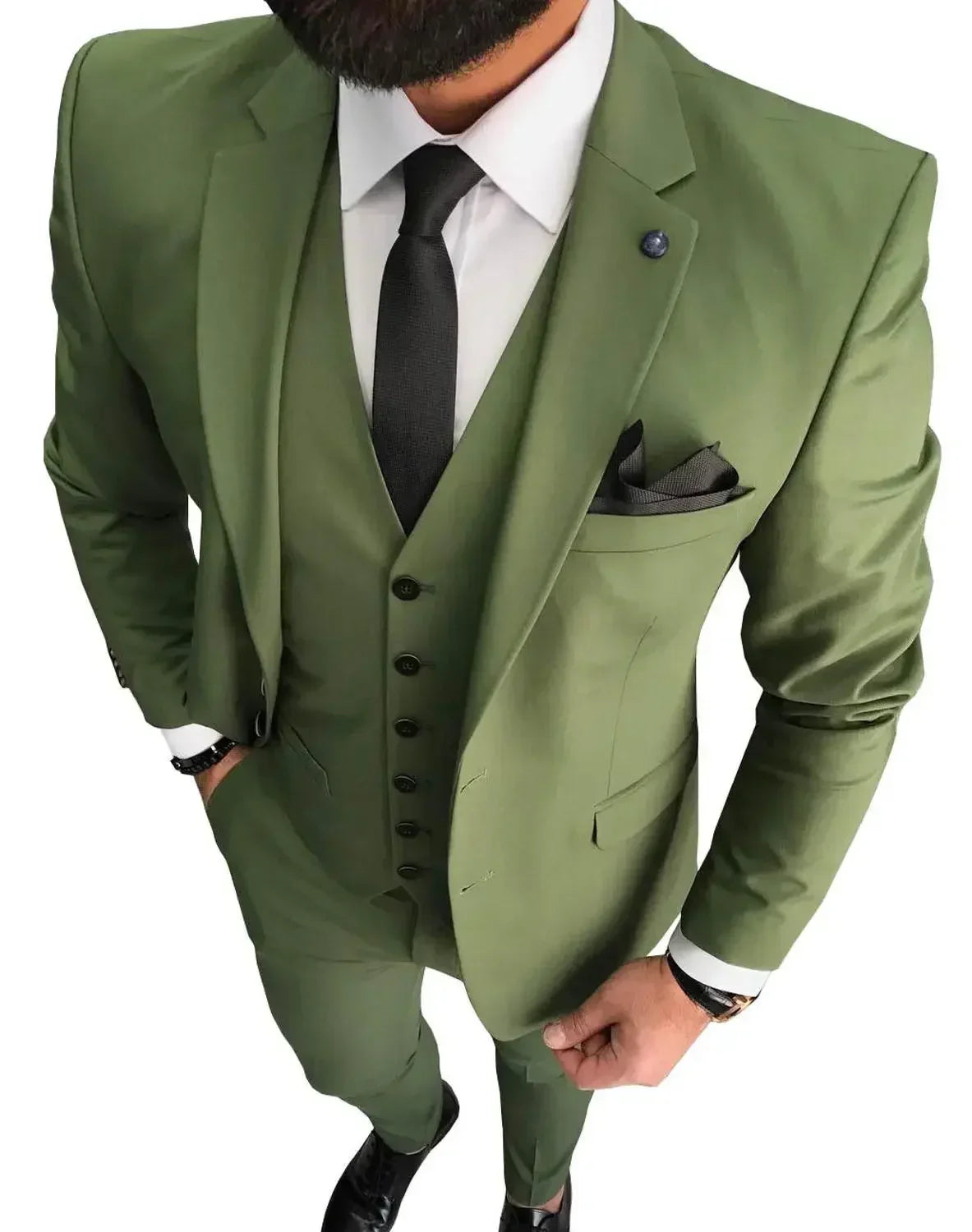 Slim Fit Formal Men Suits 3 Pcs Groom Tuxedos Notch Lapel Olive Green Groom Tuxedo for Wedding Best Man (Jacket + Vest + Pants) - Ellianto fashion Men's