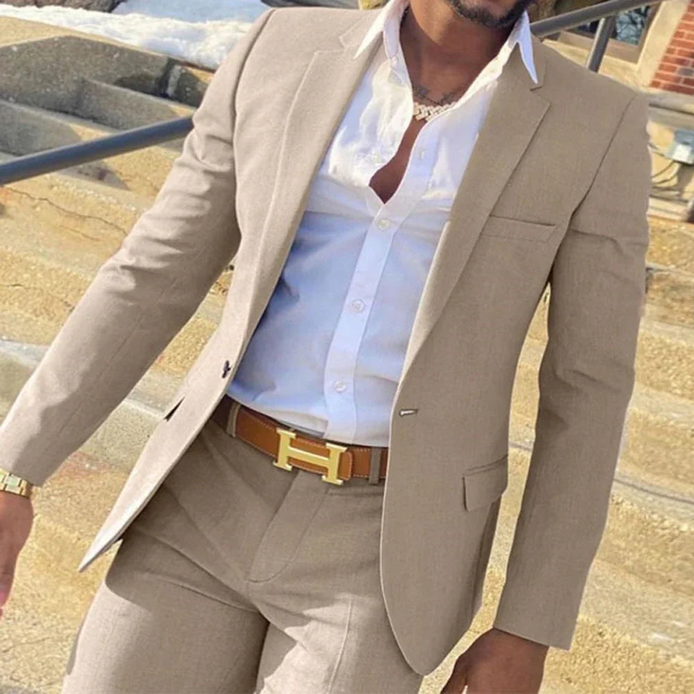 2 Piece Beige Fashion Costume Slim Fit Gentlemen Suits for Men Wedding Groom Tuxedo Male Jacket with Pants - Ellianto fashion Men's