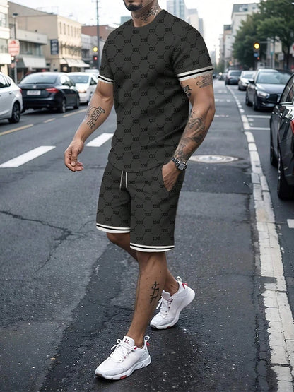 Set Casual Men's Suit Fashion Letter Printed Flower Color Round Neck Short Sleeve Shorts Personalized Trend Two Piece Clothing - Ellianto fashion Men's