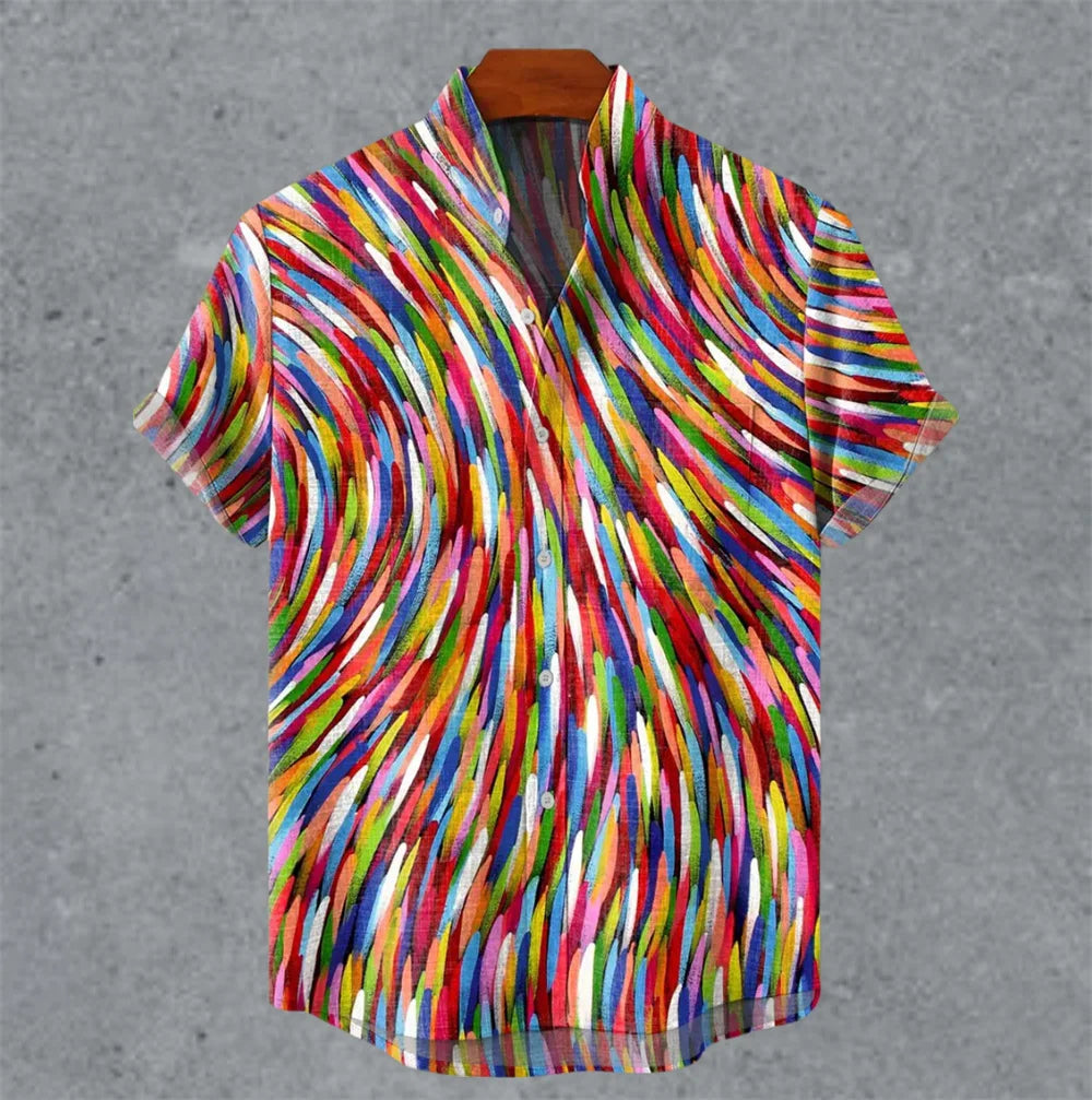 Art retro vintage men's shirt with mottled marks, standing collar printed short sleeved shirt, casual and comfortable top S-5XL - Ellianto fashion Men's