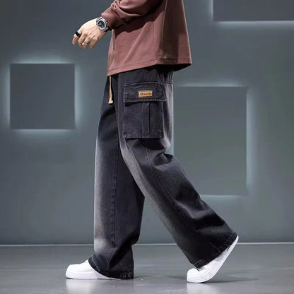 8XL Jeans New Wide Leg Washing Pants Men Trousers Neutral Solid Color Loose Casual Korean Fashion Pocket Plus Size Cargo Pant - Ellianto fashion Men's