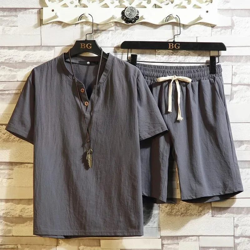 Cotton Linen Man Sets Plain Sports V-neck Basic 2 Piece Outfit Loose Fashion 2025 Cool Elastic Tee T-shirts Shorts Suits for Men