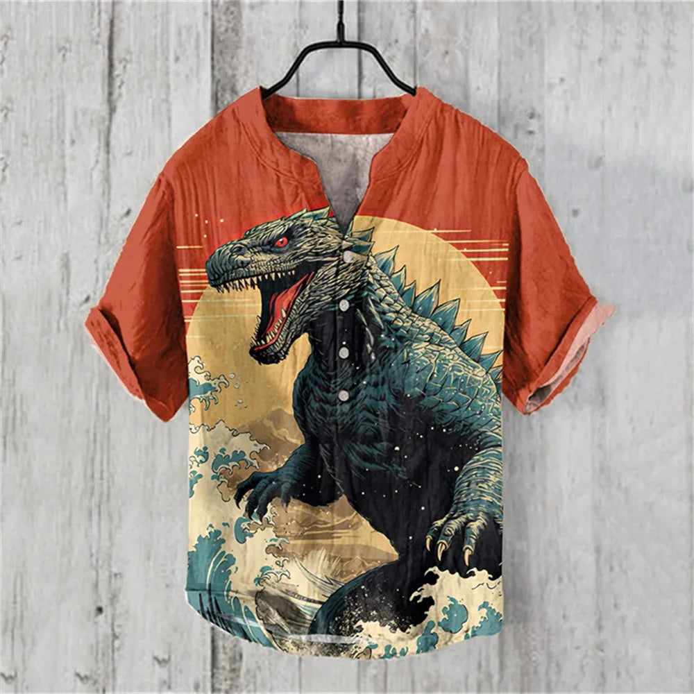 2025 Summer Japanese Water Monster Pattern Print Men's Short Sleeve Linen Shirt Hawaiian New Big Monster Shirt - Ellianto fashion Men's